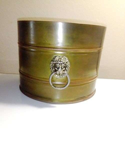 A large old vintage Lion`s head silver in colour handled solid Brass Planter. With nice platina.