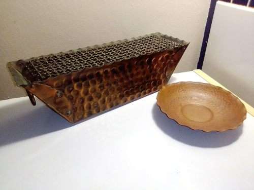 Antique Hand beaten solid Copper trough Planter with strong Wire Mesh grid and Serving Dish.