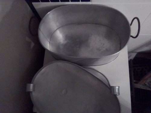 A Huge Country house steamer kitchen Aliminium dome lided pot with hook out Trivet tray.