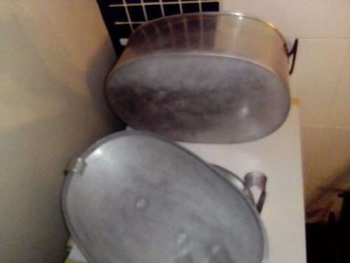 A Huge Country house steamer kitchen Aliminium dome lided pot with hook out Trivet tray.