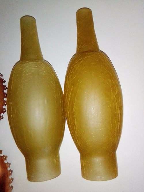 1900`s. 47cm tall table lamp.Solid brass and porcelain base,unusual frosted mantels, copper shades.