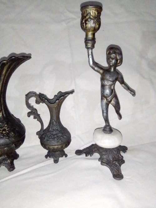 Wow 2 x Bronze Candlesticks {Curb Marble on Bronze marked ITALY} and 2 x ornate Kettles {one Marked}