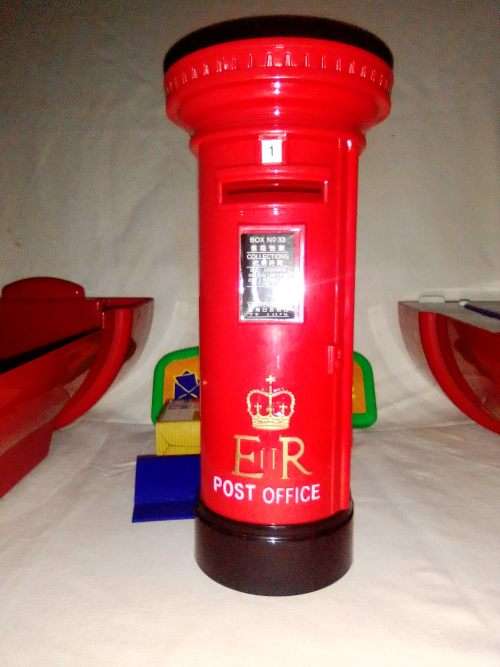2 x Red Toy Post Office Royal Mail Money Banks. Size: Big one 35cm , Small one 20cm Tall.