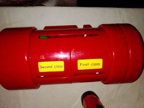 2 x Red Toy Post Office Royal Mail Money Banks. Size: Big one 35cm , Small one 20cm Tall.