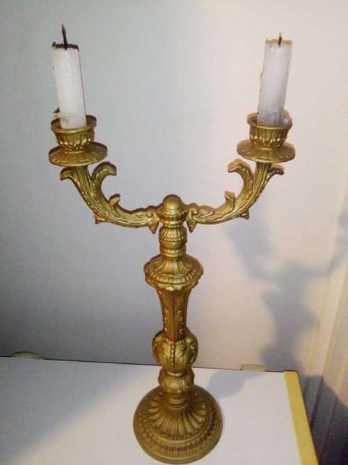 QUITE A FIND. A Unusual and Beautiful Victorian 2 arm in gold colour Candlestick 44cm Tall