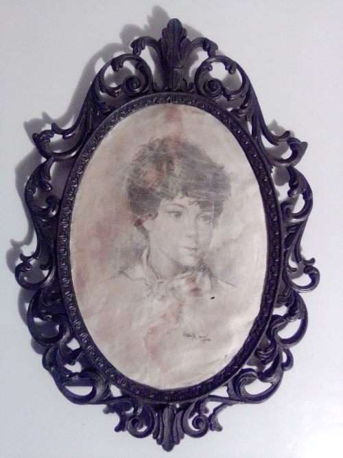Ornate two photo frames. Both are Brass with Silk litho prints and stamped ITALY.