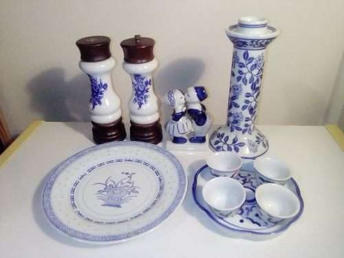A Pepper Mill, Blue Delft waer Boy/Girl figurine. 10 blue items, Candle Stick, Sakki Cups+ Tray.