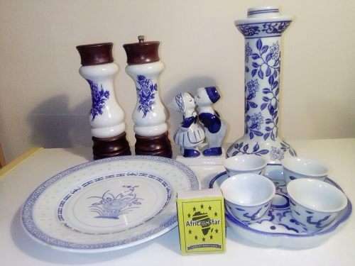 A Pepper Mill, Blue Delft waer Boy/Girl figurine. 10 blue items, Candle Stick, Sakki Cups+ Tray.