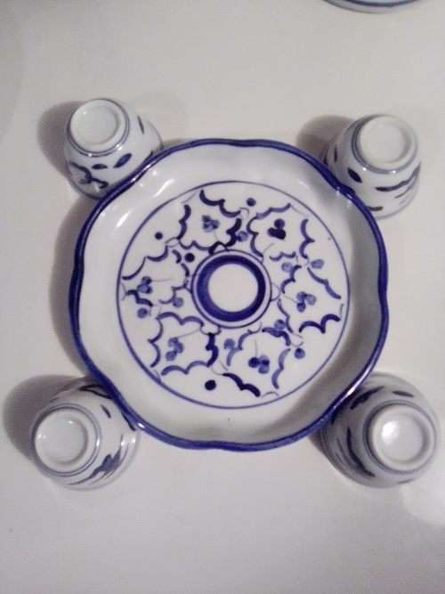 A Pepper Mill, Blue Delft waer Boy/Girl figurine. 10 blue items, Candle Stick, Sakki Cups+ Tray.