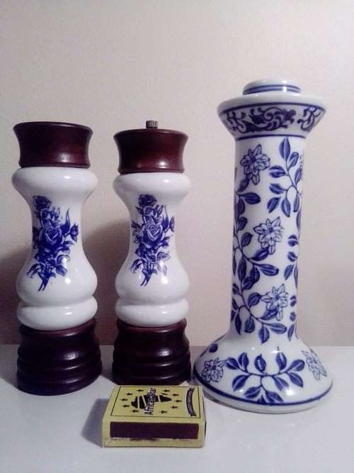 A Pepper Mill, Blue Delft waer Boy/Girl figurine. 10 blue items, Candle Stick, Sakki Cups+ Tray.