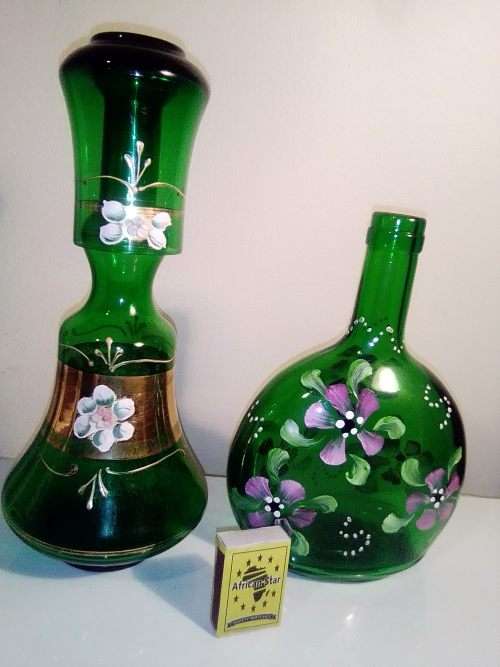 Murano Carafe glass water jug with tumbler plus a Super Glass Hand painted green Wine bottle