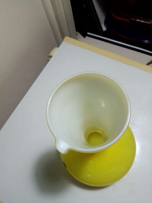 A Large Empoli Glass Hand Blowen with Handle stamped made in ITALY Yellow Vase 31.5cm long vase.