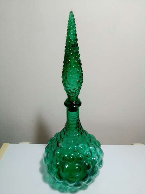 Scarce Vintage Green Bubble Empoli Genie Decanter Italian Art Glass. Stamped made in Italy.