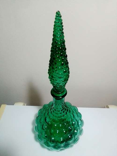 Scarce Vintage Green Bubble Empoli Genie Decanter Italian Art Glass. Stamped made in Italy.