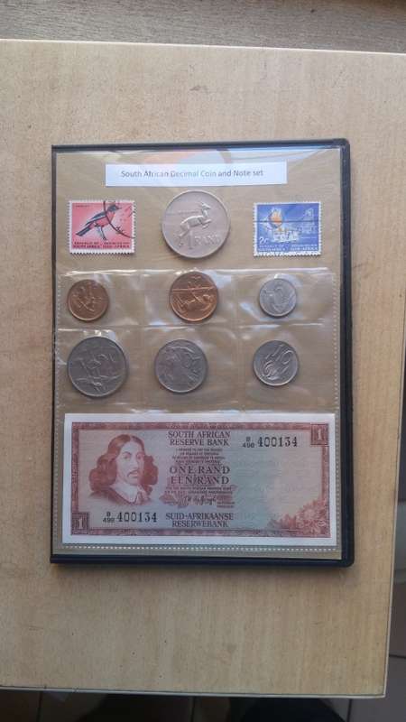 South African Decimal coin set with note and stamps