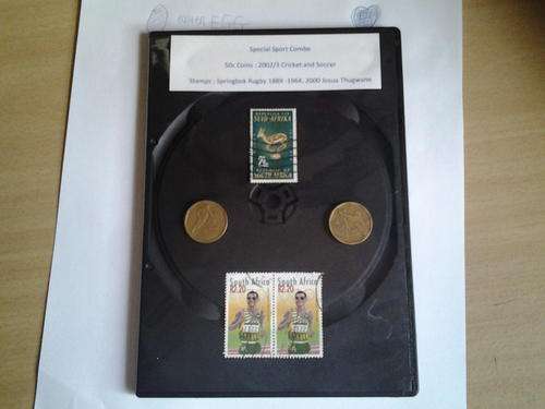 Sports Combo : 50c Cricket and Soccer (2002/2003) coins and special stamps