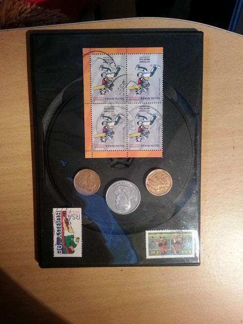 Sports Combo: 50c Cricket and Soccer (2002/2003) coins. Danie Craven 1933 special coin, stamps