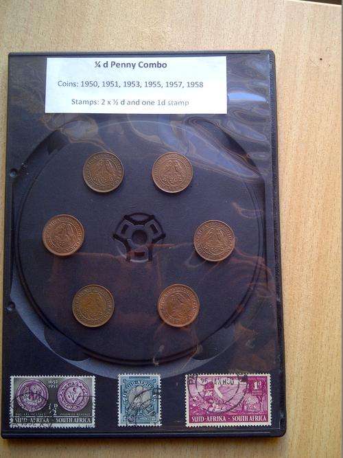 Kwart penny (1/4d) coins: 1950, 1951, 1953, 1955, 1957, 1958 and special 1/2 d and 1d stamps