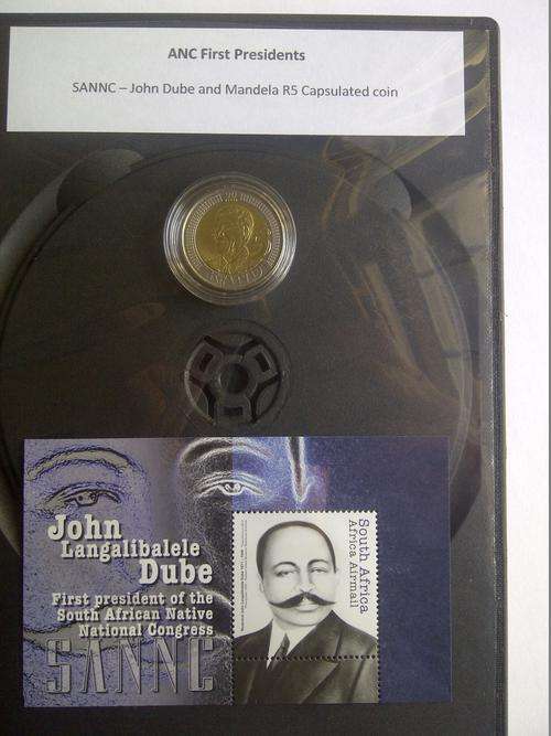 Mandela and John Dube - ANC and Pre ANC Presidents ! R5 capsulted coin and unique stamp!