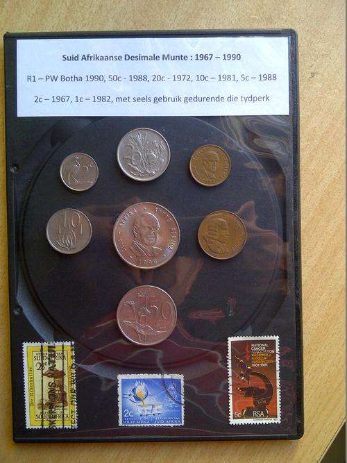 Suid Afrika Munte:1967 - 1990(PW Botha Springbok R1, 50c-1988, 20c-1972, 10c-1981, 5c-1988, 2c-1967