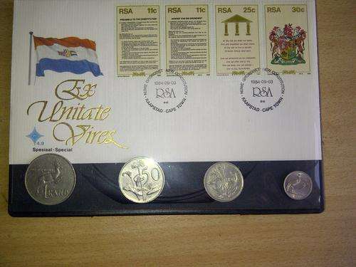 RSA Grondwet - 1984 FDC # 4.9 en R1, 50c, 20c, 5c munte van 1984