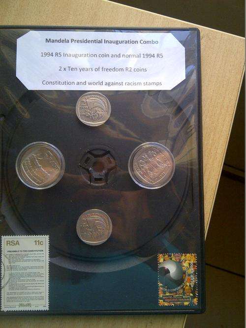Mandela 1994 Inauguration R5 coin, normal R5 1994,  2 x ten years of Freedom R2 coins, stamp