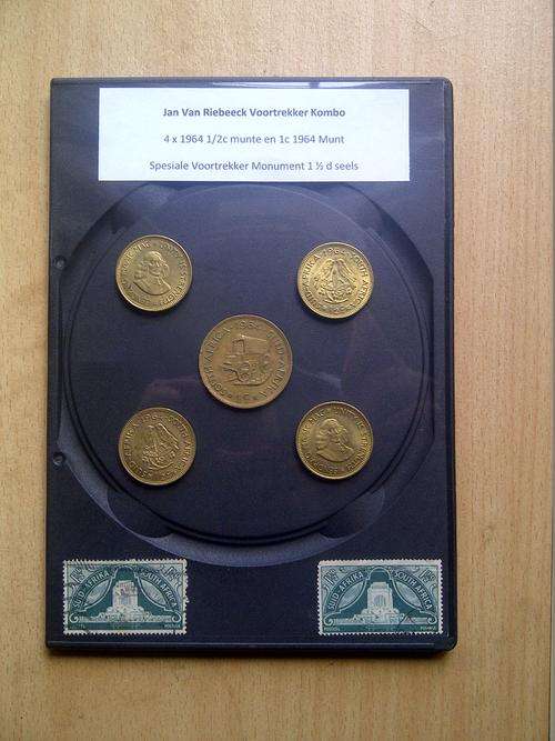 Jan van Riebeeck Voortrekker Kombo: 4 x 1/2c 1964 en 1 x 1c munt - spesiale seels