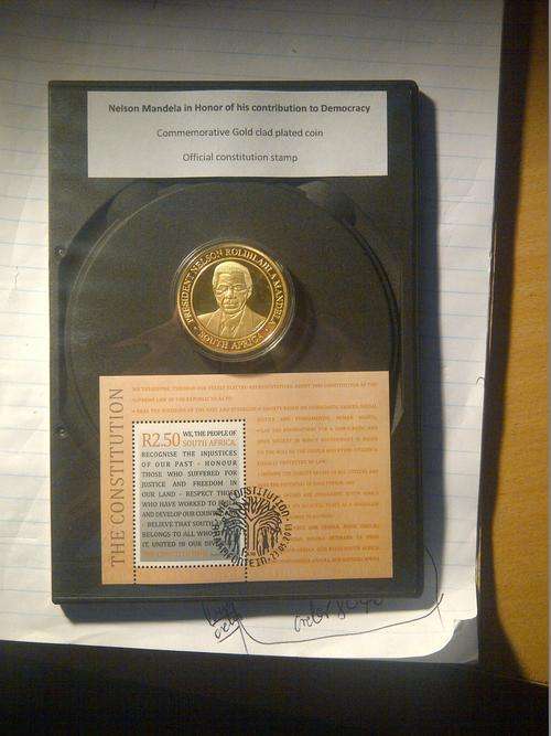 Mandela in Honor of contribution towards Democracy Gold clad plated coin and constitution stamp