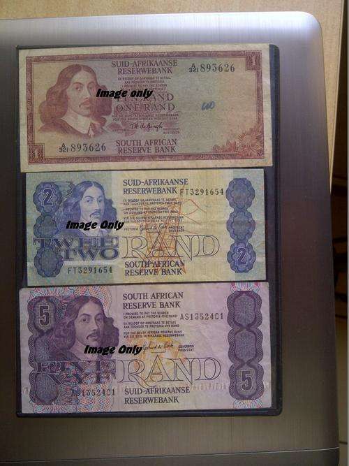 Old South African R1, R2 and R5 Notes - TW de Jongh and G de Kock - Good condition