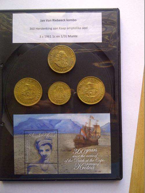 Jan van Riebeeck Kombo: 360 Jaar Herdenking aan Kaap seel, 3 x 1961 1c en 1 x 1961 1/2c munte