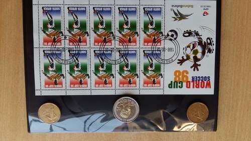 World Cup Soccer 1998 - Bafana Special stamps With Mandela R5 coin and 2 x 2002 Soccer 50c