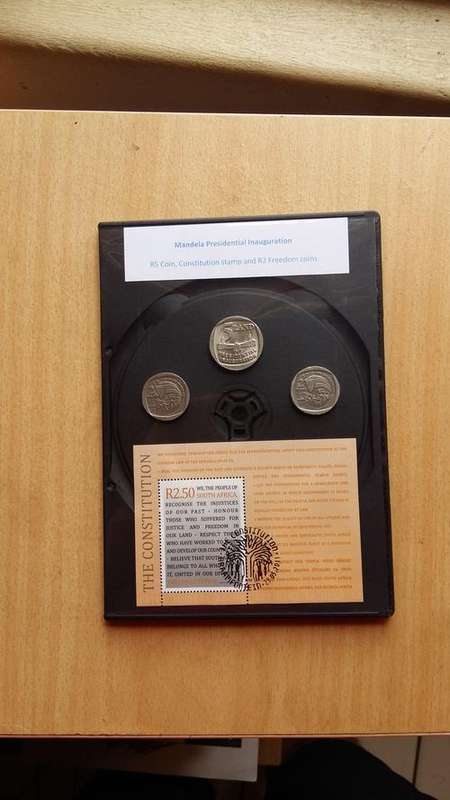 Mandela Inauguration R5, Constitution stamp and 2 x Freedom R2 Coins