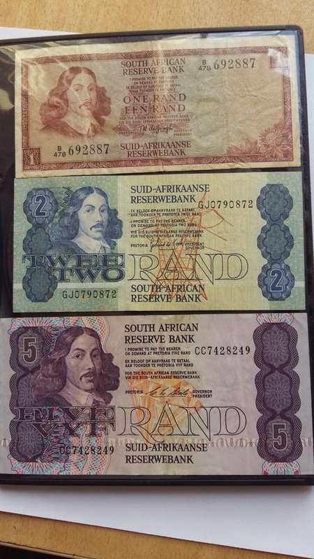 Old South African Bank Notes - R1, R2 and R5 - TW de Jongh, G de Kock and Stals