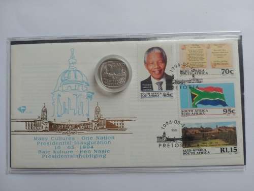 Mandela 1994 official cover with stamps and R5 coin in capsule