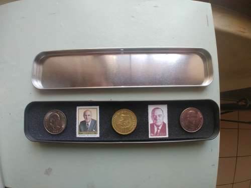 PW Botha and Vorster R1 coins with stamps and 1961 1c coin in holder - as good as new