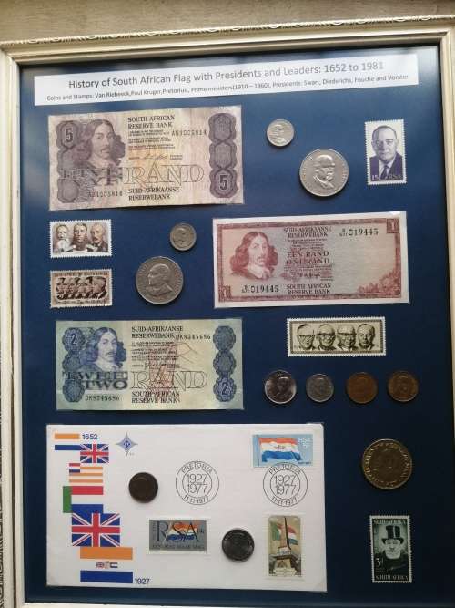 Old South African flag, notes , coins and leaders flag : 1652 to 1981