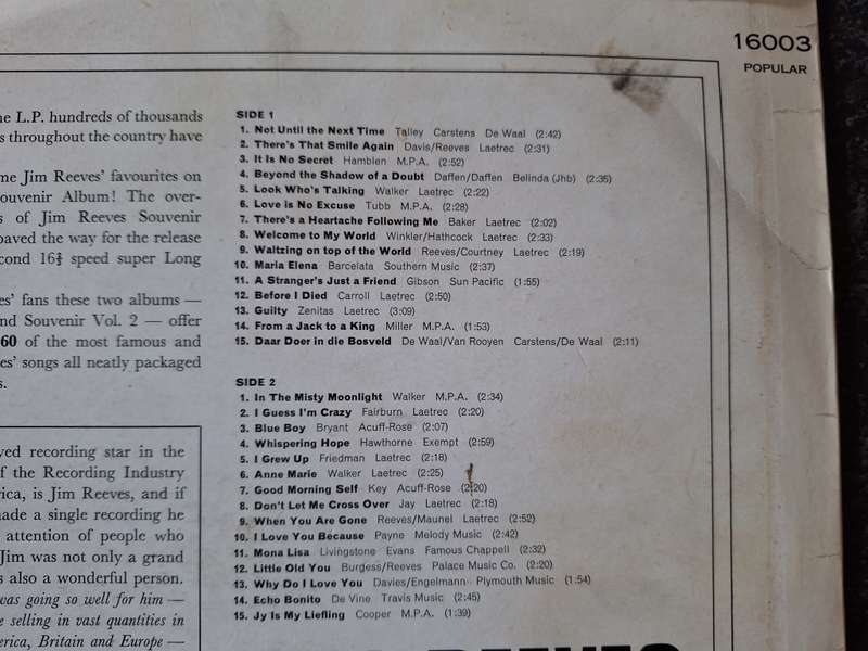 Jim Reeves Souvenir Album vol 2 LP record