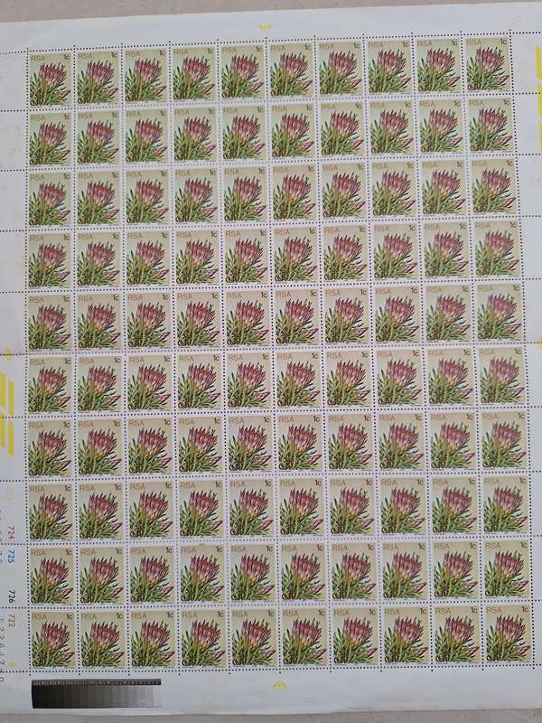 Complete sheet of 1977 1c Protea stamps -100 stamps