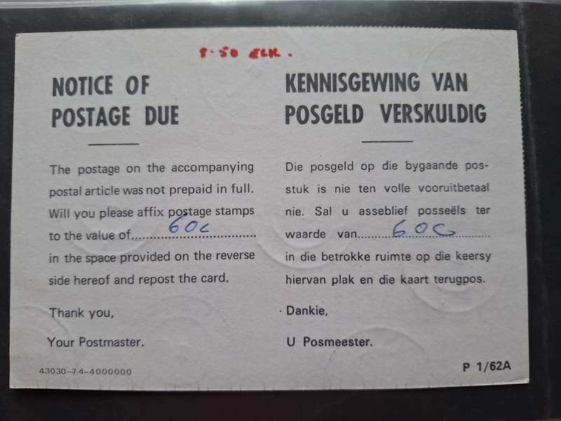 Postcard with 30 x 2c to pay stamps from 1979