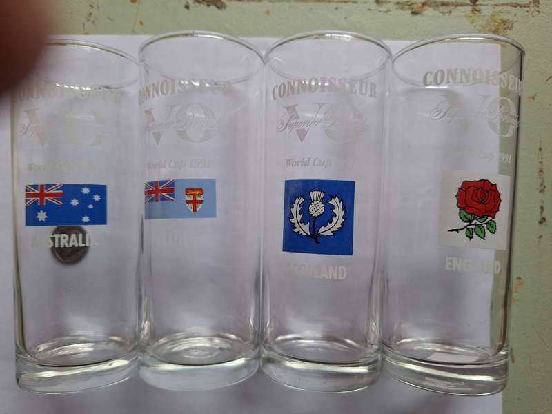 Rugby World 1991 cup brandy glasses- England, Scotland, Fiji and Australia