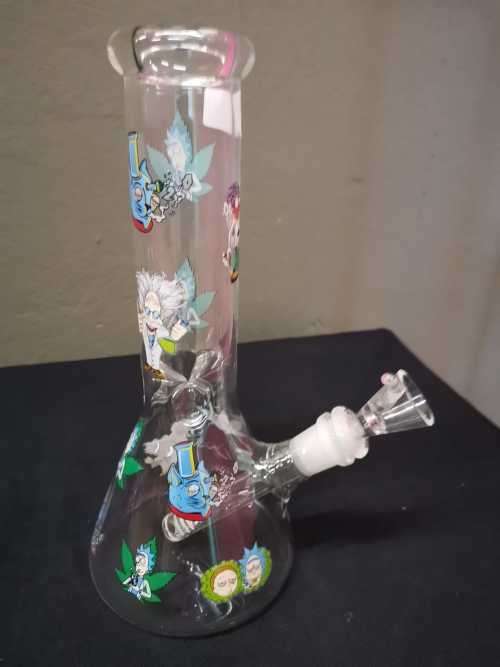 8" RICK AND MORTY GLASS BEAKER BONG - COMES WITH BOWL AND DOWNSTEM-14MM JOINT- STURDY BASE-2 LEFT