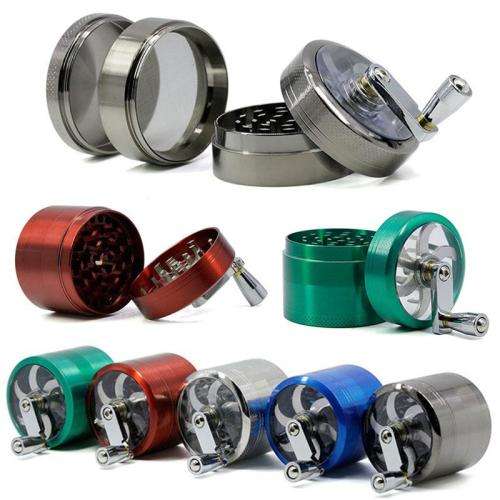 50mm 4 LAYER METAL ALLOY HERB GRINDER WITH HANDLE (GREEN OR BLUE)