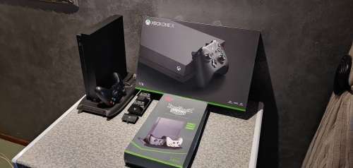 Xbox One X 1TB, Vertical Stand with fan, USB and Charging Dock, Sparkfox dual charger and battery