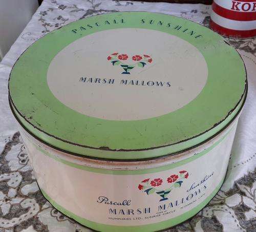 scarce vintage Pascall Sunshine marshmallow tin in light green and white