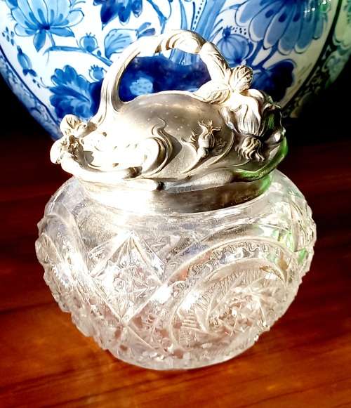 Vintage cut glass sugar basin with elaborate pewter lid