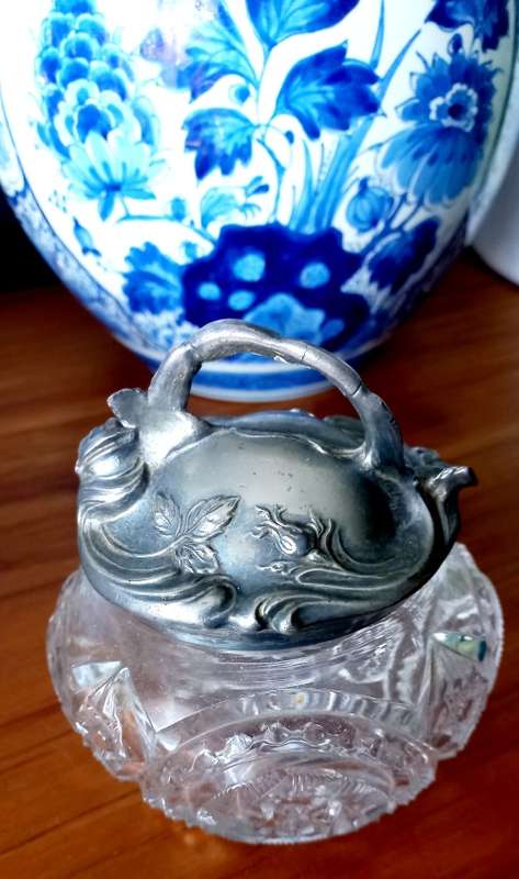 Vintage cut glass sugar basin with elaborate pewter lid