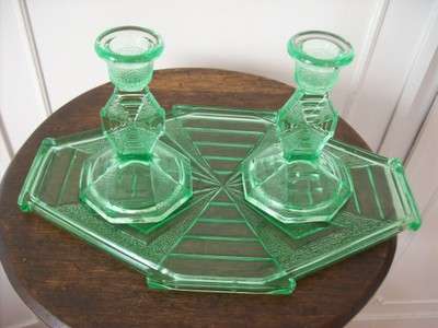 VINTAGE PRESSED GLASS CANDLESTICKS & TRAY