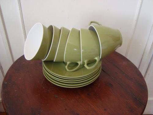 MELAMINE CUPS & SAUCERS.  VINTAGE.