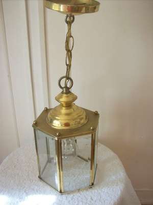 BRASS HANGING LAMP.  BEVELLED GLASS.