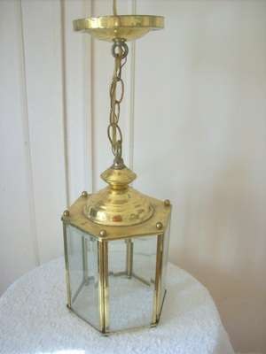 BRASS HANGING LAMP.  BEVELLED GLASS.